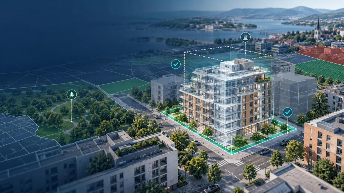 Article illustration showing a building model within its parcel and surrounding city context