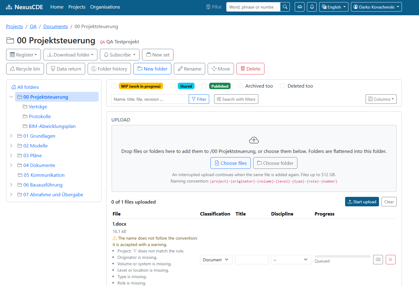 Smart upload with naming convention validation